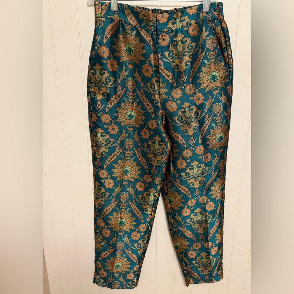 Maeve by Anthropologie Melyssa Jade Green Metallic Jacquard Trouser Pants XS New
